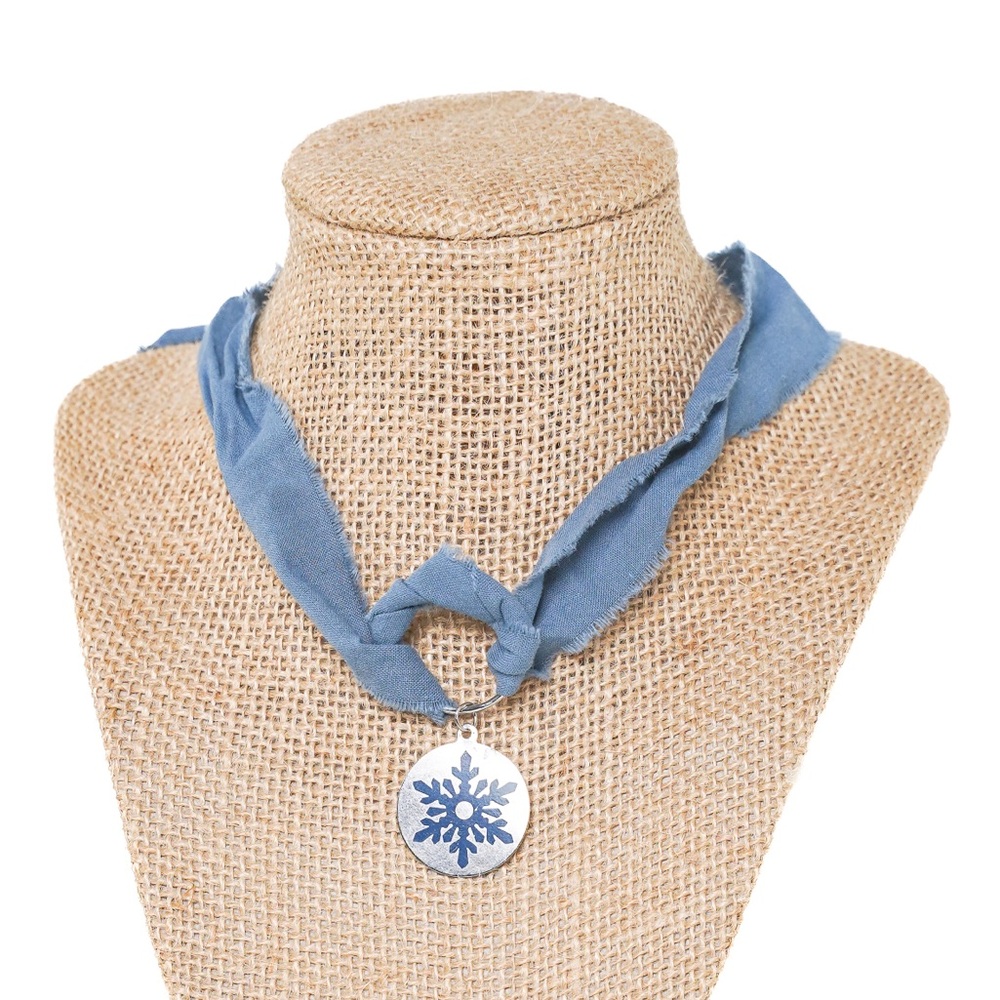 Blue Boho Snowflake Choker Necklace and Ribbon Wrap Bracelet